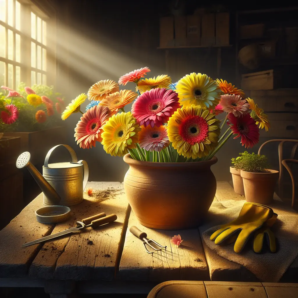 A beautiful indoor vignette featuring a clay pot filled with blooming gerbera daisies. They are a variety of radiant colors, including yellow, red, and pink. The flowers are set on a rustic wooden table, surrounded by a watering can, a pair of gardening gloves, and a small bag of potting soil. Sunlight filters in through a nearby window casting a soft, warm glow on the scene. The surroundings are devoid of any human presence, making the flowers the star of the scene. No text, brand names or logos are visible anywhere in the image.