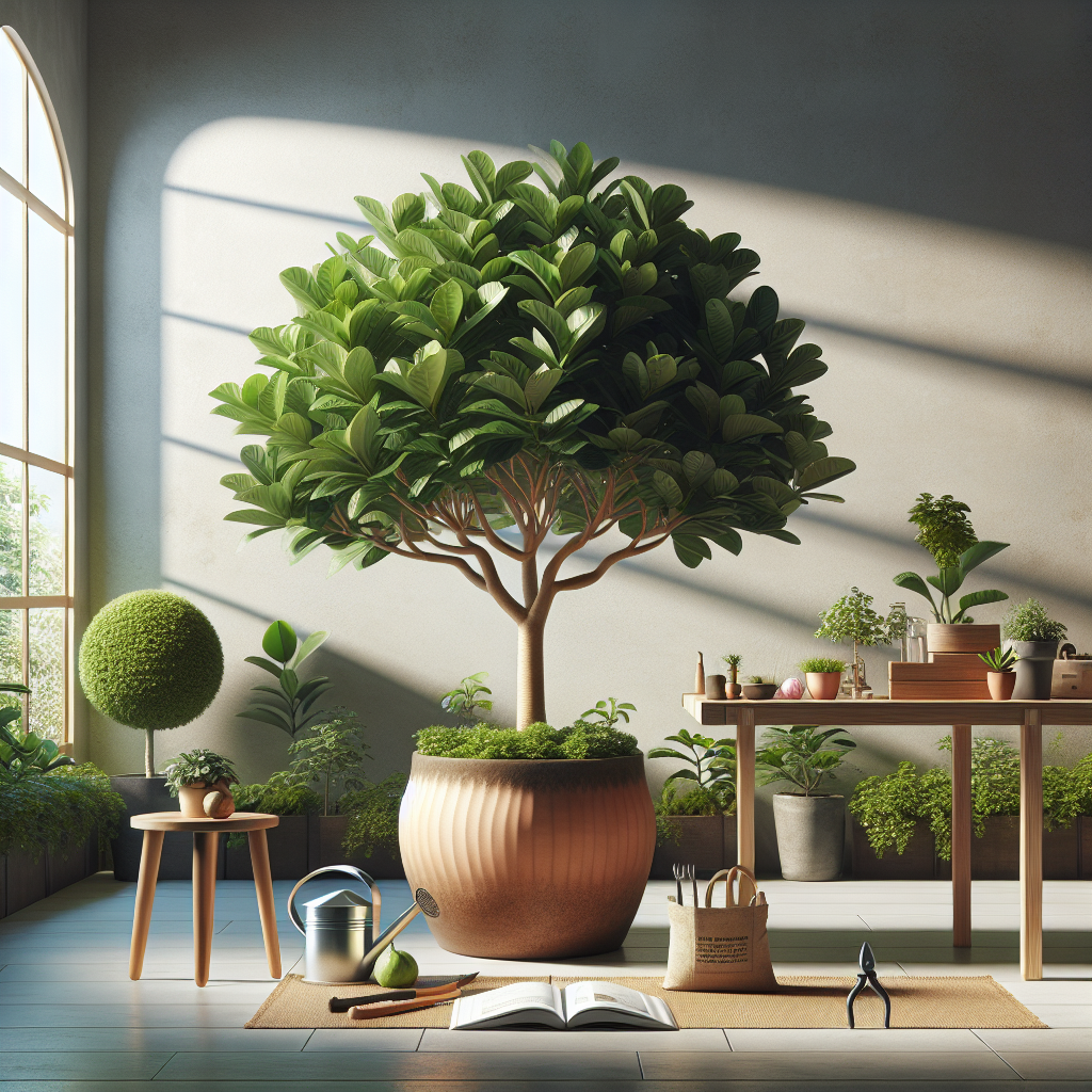 An indoor landscape featuring a verdant, flourishing guava tree, enriching an otherwise minimalistic, modern room with its tropical flair. The tree is carefully potted in a majestic clay pot. Nearby, a sunny window provides natural light, bathing the environment in a warm glow. On an adjacent wooden table, you see a gardener's toolset includes a small pruner, watering can, and a bag of organic fertilizer. A simple guidebook on how to care for tropical plants lays open, ready for reference. Please remember, no human figures, brand logos, text on objects or within the image itself.