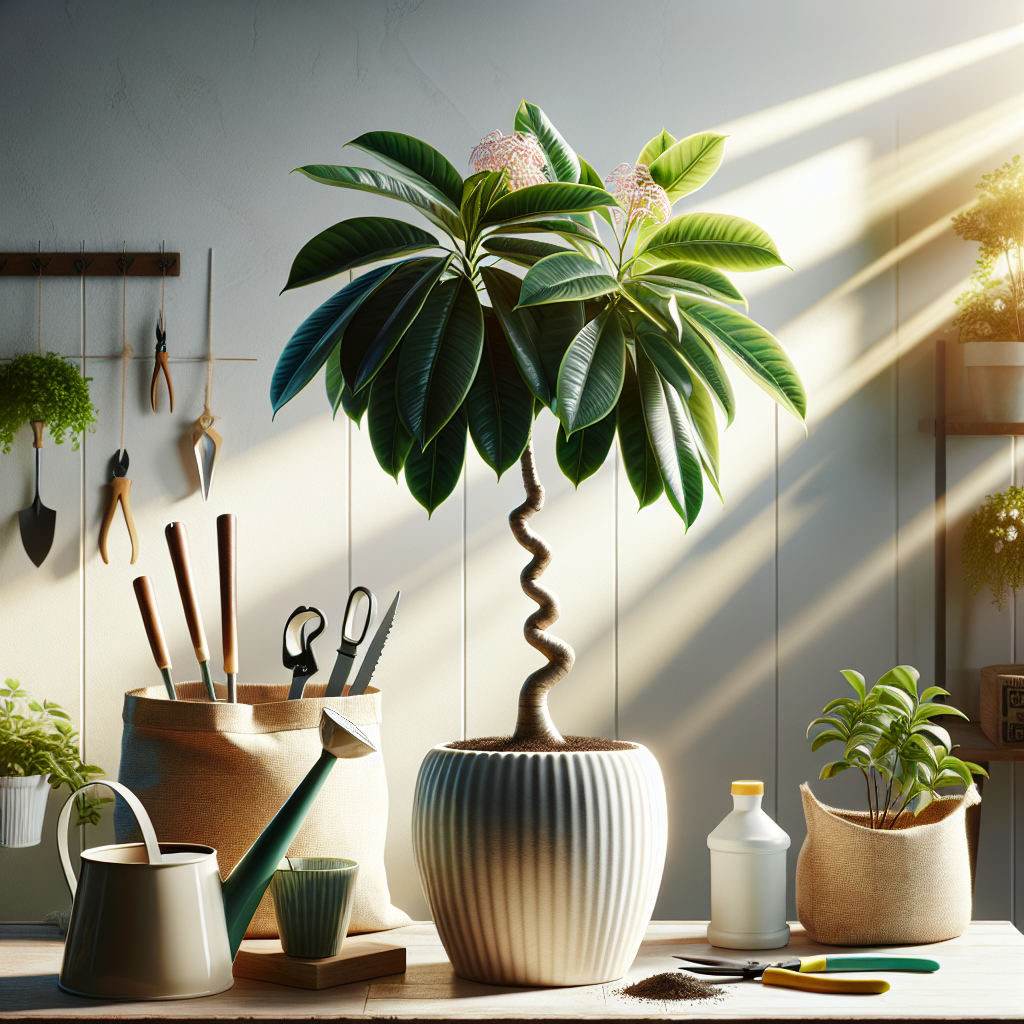 A bright and beautiful indoor scene featuring a lush Pachira Aquatica, commonly known as a money tree. It's positioned in the center of the image, growing in a simple and elegant ceramic pot with classic design. Around the pot, a few tools for plant care are neatly arranged: a watering can, a pair of pruners, and a bag of potting soil, all without any visible brand names or logos. Ambient sunlight beams through a nearby window, falling gently upon the plant, highlighting its vibrant green leaves and unique braided trunk. It's the perfect picture demonstrating the successful indoor growth and care of a Pachira Aquatica.