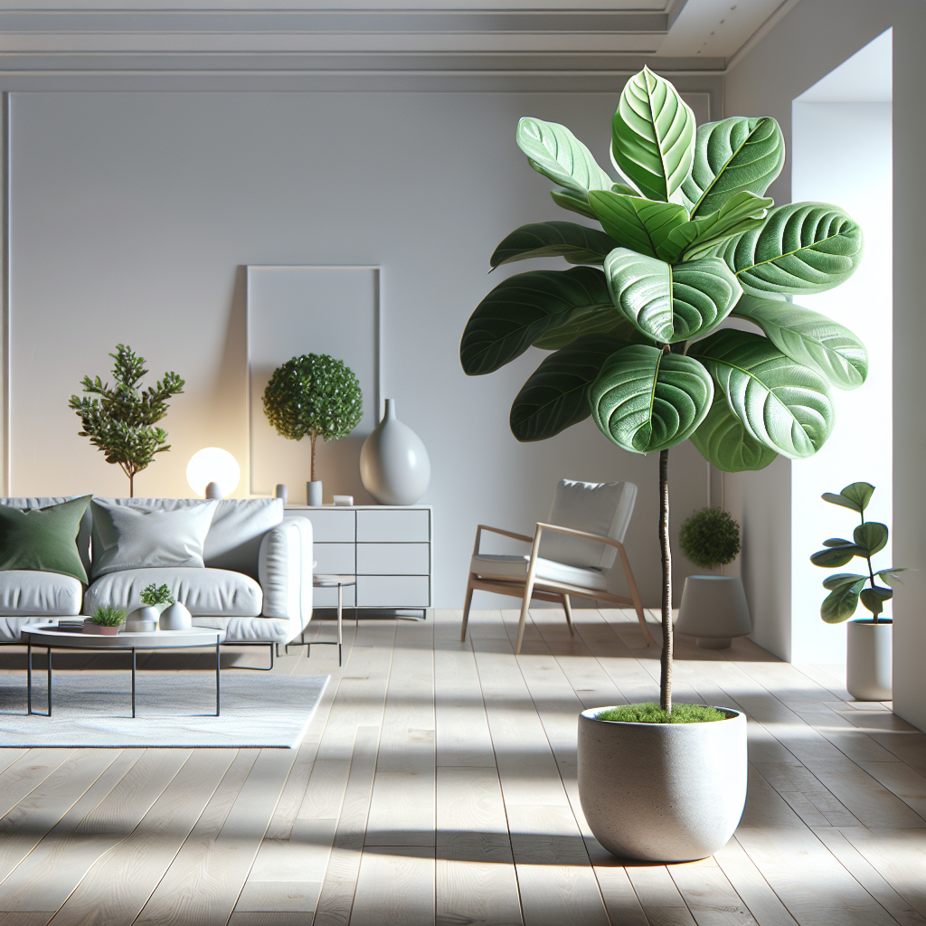 A brightly lit, spacious indoor setting with a healthy, vibrant Fiddle Leaf Fig ‘Bambino’ plant prominently placed. The room is minimalistic, with a touch of modern decor, such as contemporary vases or chic furniture. The plant is potted in an unadorned ceramic pot, situated by the window to get ample natural sunlight. The room offers a serene and calming atmosphere, reinforcing the feeling of indoor plant care. The leaves of the plant are polished and shiny, demonstrating exceptional indoor care.