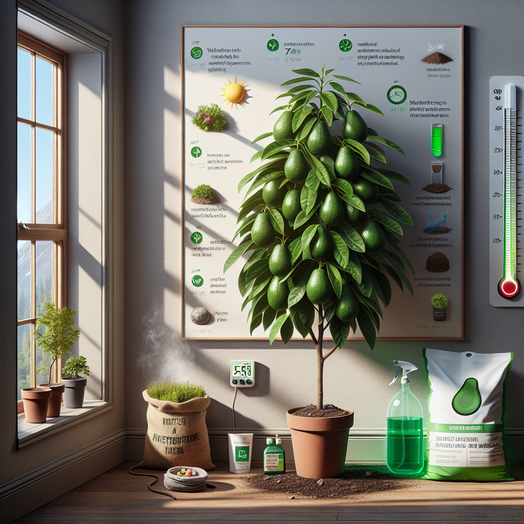 A comprehensive visualization of the perfect indoor environment for an avocado tree. Display a well-grown avocado tree by a window receiving ample sunlight yet protected from harsh direct rays. The trees should sport lush, green leaves. Nearby, a water spray bottle demonstrates proper moisture level management. A bag of mineral-rich soil and packet of fertilizer sit nearby for nourishment needs. A temperature gauge shows a moderate room climate, striking a balance between not too hot or too cold. Artistically depict these without adding any humans, brand names or any form of texts.