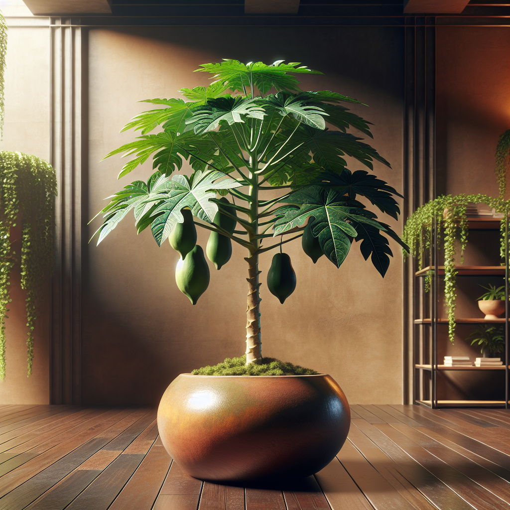 An indoor setting with warm, subdued lighting. In the center, a verdant, full-grown papaya tree planted in a large, round terracotta pot with a glossy finish. The papaya tree's leaves are a vibrant green, radiating from the top and arching down. Its large oval papayas have different levels of maturity--some are still green, while others are turning a ripening yellow. The scene exudes a tranquil, tropical atmosphere. In the background, there are long green indoor vine plants draped across a rustic wooden bookshelf. No text, people, brand names, or logos are included in the image.