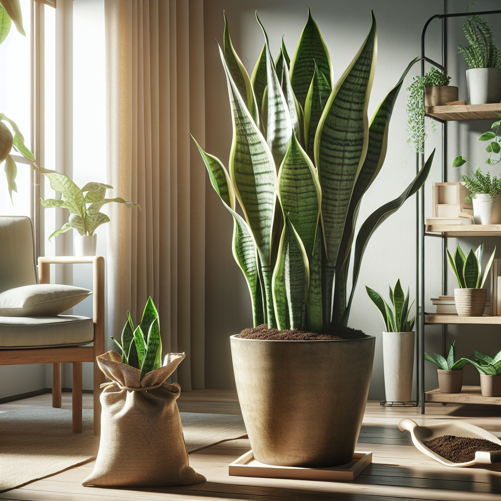 An image showcasing a Bird's Nest Snake Plant thriving indoors. The room setting is modern with an abundant glow of natural light filtering through a large window. The snake plant is positioned in a generic, non-branded pot with an earthy finish, placed on a wooden stand. The snake plant has lush, green leaves radiating out in a rosette form. Elements of plant care can be subtly exhibited, such as a mist water bottle sitting nearby, and a small bag of rich, unmarked potting soil. The room has minimalist furnishings and no people are present. The image should not contain any text, brand names, or logos.
