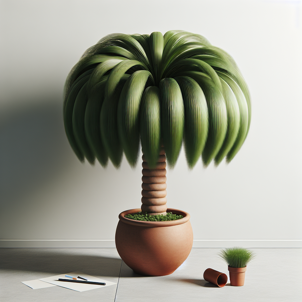 A detailed view of the Ponytail Palm in a well-lit indoor setting. The vibrant green, cascading leaves of the palm emanate from its unique, bulbous trunk that resembles a 'ponytail'. The plant sits in a simple, terracotta pot that does not bear any brand names. The setting is clean and minimalist, emphasizing the striking features of the Ponytail Palm. There are no people or text visible in the scene. To complement the lush greenery of the plant, there are a few scattered indoor gardening tools, again without any brand insignias. The image evokes a sense of peaceful, indoor greenery.