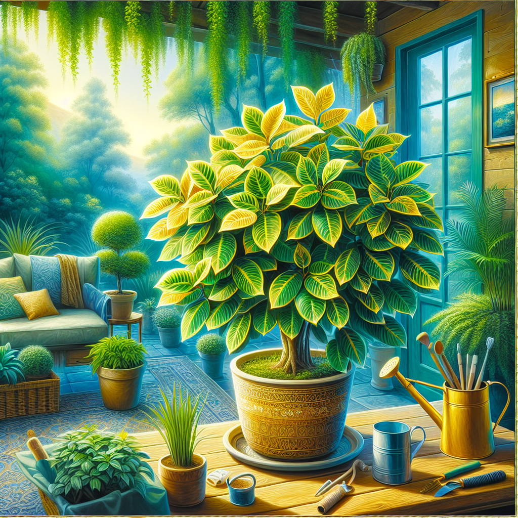 A vivid depiction of an indoor gardening scene showcasing a 'Gold Capella' money tree. This plant is beautifully thriving in a ceramic pot. The lush green leaves have distinct yellow markings, a characteristic feature of this tree, suggesting that it is a 'Gold Capella'. The surrounding area is decorated appropriately for an indoor setting, with plenty of natural light streaming in from a nearby window. There are no humans or text to be found within this serene image. Finally, essential gardening tools and a watering can lay nearby, subtly suggesting the nurturing and care necessary for growing such a tree indoors.