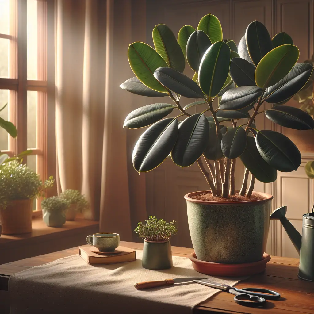 An image detailing the care process for a Rubber Plant 'Robusta' indoors. The environment could include elements like a plant placed near a window for light, the essential watering can, and tiny scissors for pruning, all resting on a wooden table. Emphasize the luxuriant wide, glossy, dark green leaves of the plant to show its health. The backdrop could feature a cozy, warm, sunlit indoor space with gentle, afternoon sunlight streaming in from the window. Ensure there are no people, text, brand names, or logos present in the composition.