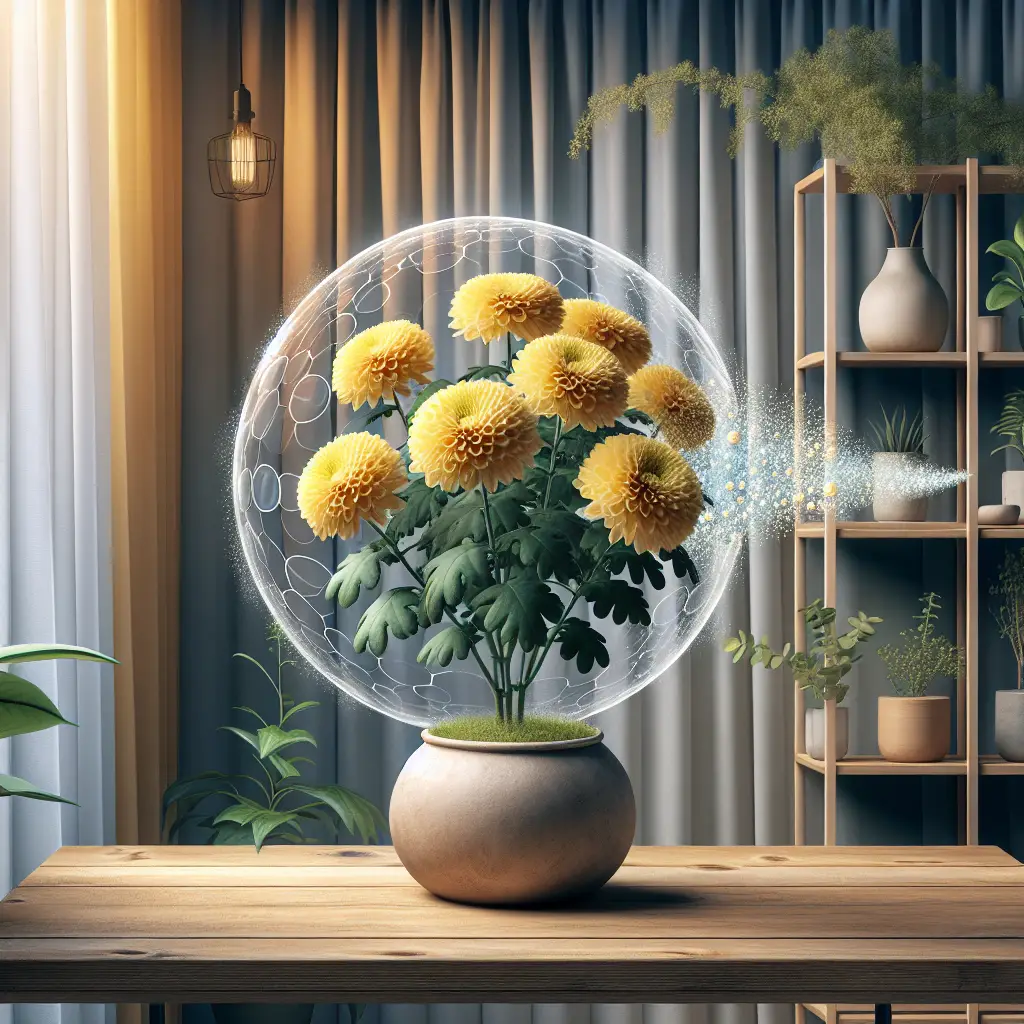 An indoor scene centered around chrysanthemums. The focus of the image is a large, healthy chrysanthemum plant with vibrant yellow flowers nested in an unbranded clay pot situated on a wooden table. The room is pleasantly lit with natural light streaming through a window which has gauzy, unmarked curtains. A minimalist shelf on the backdrop showcasing various houseplants, with chrysanthemums among them. In the foreground, a depiction of air molecules interacting with the chrysanthemums, presenting an abstract visualization of cleaner indoor air.