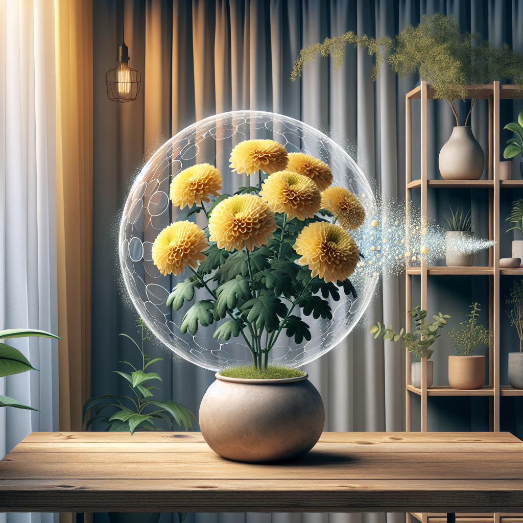 An indoor scene centered around chrysanthemums. The focus of the image is a large, healthy chrysanthemum plant with vibrant yellow flowers nested in an unbranded clay pot situated on a wooden table. The room is pleasantly lit with natural light streaming through a window which has gauzy, unmarked curtains. A minimalist shelf on the backdrop showcasing various houseplants, with chrysanthemums among them. In the foreground, a depiction of air molecules interacting with the chrysanthemums, presenting an abstract visualization of cleaner indoor air.