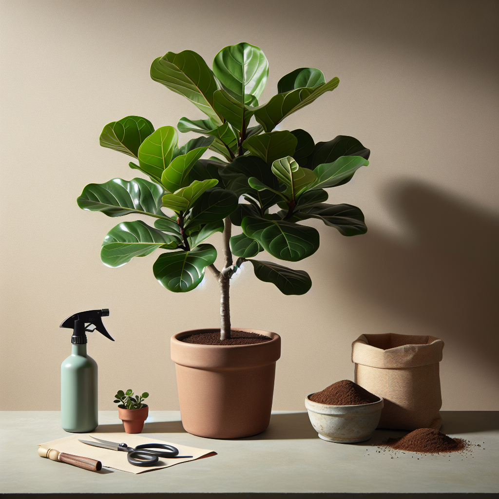 A healthy and thriving Fiddle Leaf Fig 'Compacta', an indoor plant, being cared for in a natural light-filled interior. Display the plant with glossy, deep green leaves sprouting from a sturdy trunk, placed in a simple terracotta pot without any labels or brand marks. Nearby, discreetly place a water spray bottle, a small pair of pruning shears, and a bag of rich potting soil, all devoid of any brand names or logos, to depict the care process for the plant. The background should be a soothing, neutral-colored wall, creating a pleasant contrast with the vibrant plant.