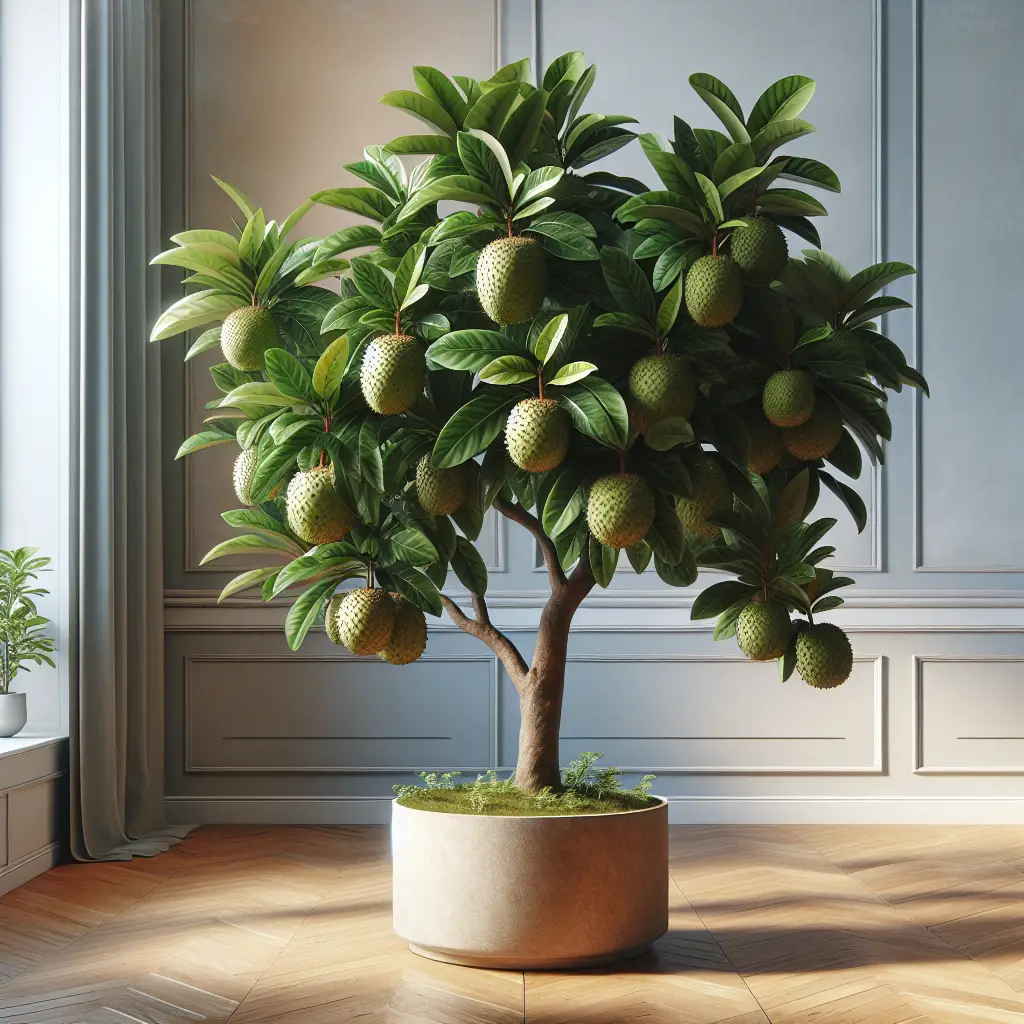 An image of an indoor botanical scene, featuring a flourishing soursop tree with broad green leaves and exotic fruits hanging from its branches. The tree is placed in a capacious ceramic pot on a wooden floor, with a bright window allowing the sunlight to cast a soft, natural glow onto the tree. The background comprises of a minimalist room setting, with neutral colored walls and tasteful, nameless decor, which does not detract attention from the thriving indoor soursop tree. The image shows no presence of people, text, or any brand symbols.