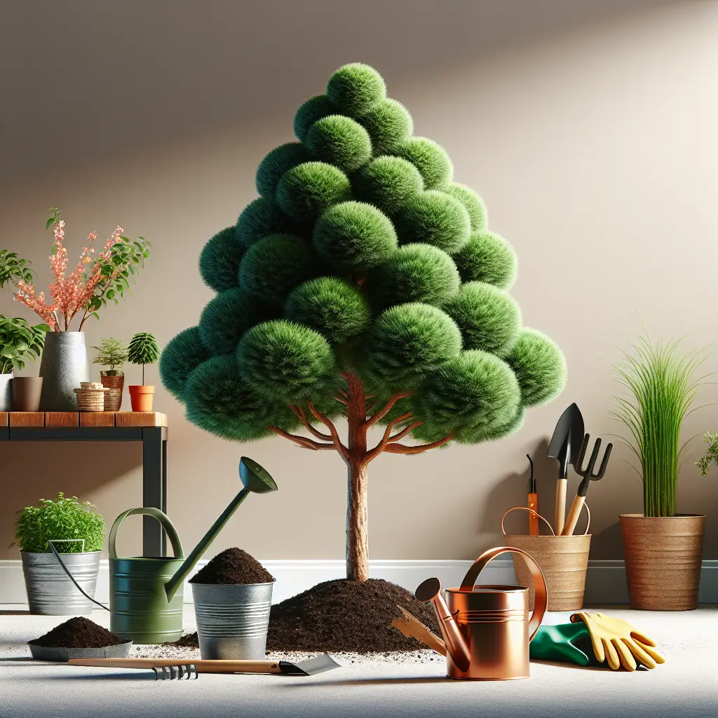 An indoor Lemon Cypress tree in a well lit area showing its vibrant green color and distinctive shape. Around the tree are various essential items needed to care for it: a watering can, soil, gardening gloves, and a small rake and shovel. The scene is devoid of people, text, and logos. The backdrop is a neutral toned living room wall.