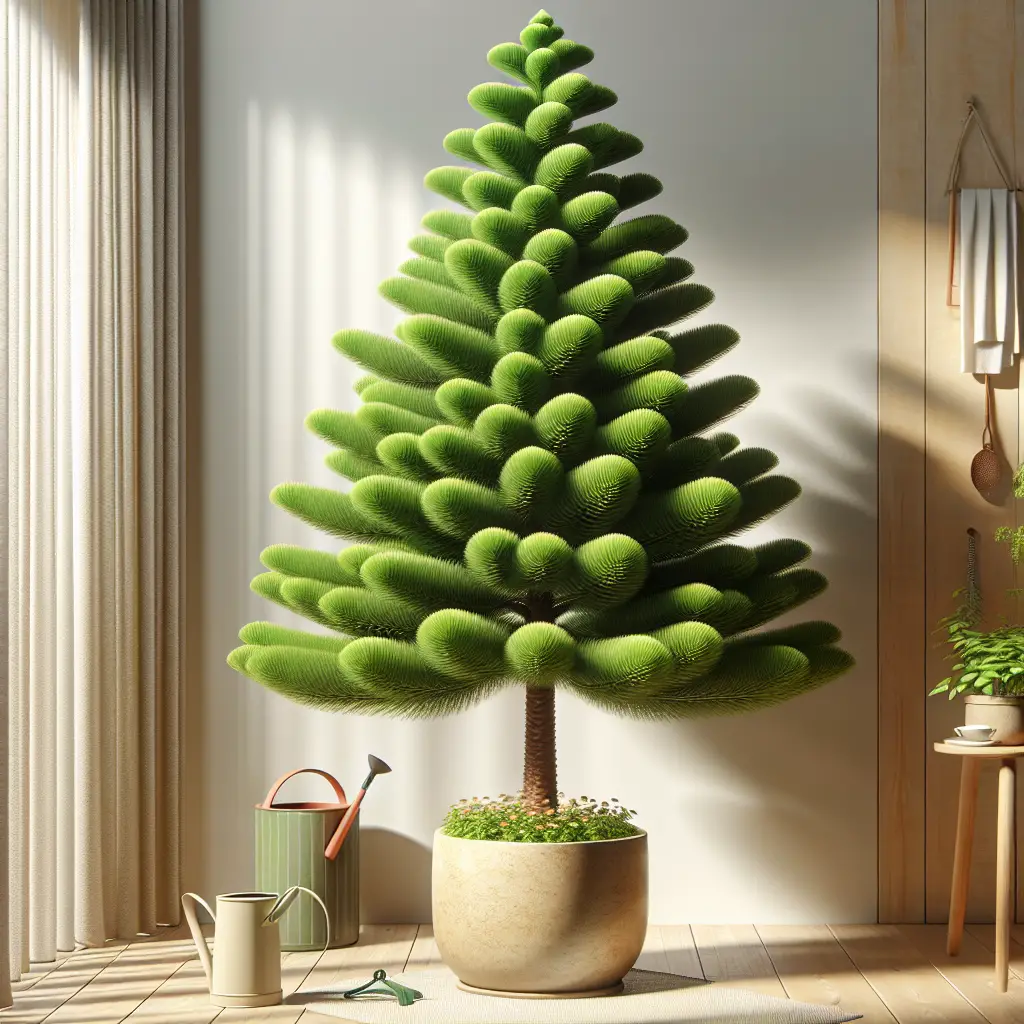 Illustrate a vibrant and healthy Norfolk Pine tree thriving indoors. Highlight its symmetrical branches, saturated green needles, and its impressive height. The plant could be located in a neutral color ceramic pot to emphasize its natural colors and textures. The setting is a minimalistic yet comfortable indoor space with indirect sunlight streaming through sheer curtains onto the tree, demonstrating ideal lighting conditions. Include items such as a watering can and mister close by. Show closeup details of its bark, needles, and roots to signify its robust health. Exclude any people, text, brand names, or logos.