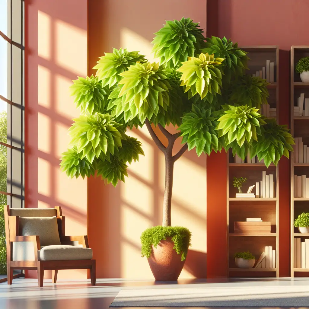 Create a vibrantly colored, indoor setting featuring a lush starfruit tree thriving in a terracotta pot. The tree is full of uniquely shaped foliage that pops against the spacious indoor environment. The scene is highlighted by natural sunlight streaming through a tall window and bouncing off the glossy leaves, revealing the veins of the leaves and the thick, sturdy trunk of the tree. In the surroundings, include indoor furniture like a wooden bookshelf and a well-cushioned armchair in neutral tones, meanwhile, no brands or logos are present.