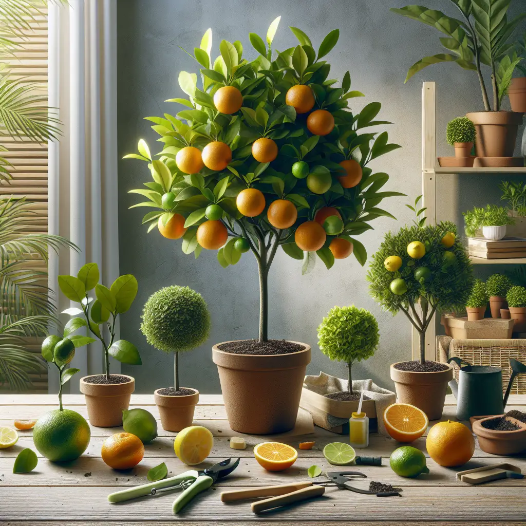 A visually engaging and instructive image depicting indoor dwarf citrus trees. Illustrate a variety of citrus trees like oranges, lemons, and limes in small indoor pots. The setup should include a well-lit room with a comfortable temperature, suggesting optimal growth conditions. Scatter some tools nearby like a small hand-held pruner, a watering can, and a tiny bag of soil. Emphasize the lush green leaves and vibrant fruits of the trees to demonstrate their flourishing growth indoors, but without including any text, people, brand names or logos.