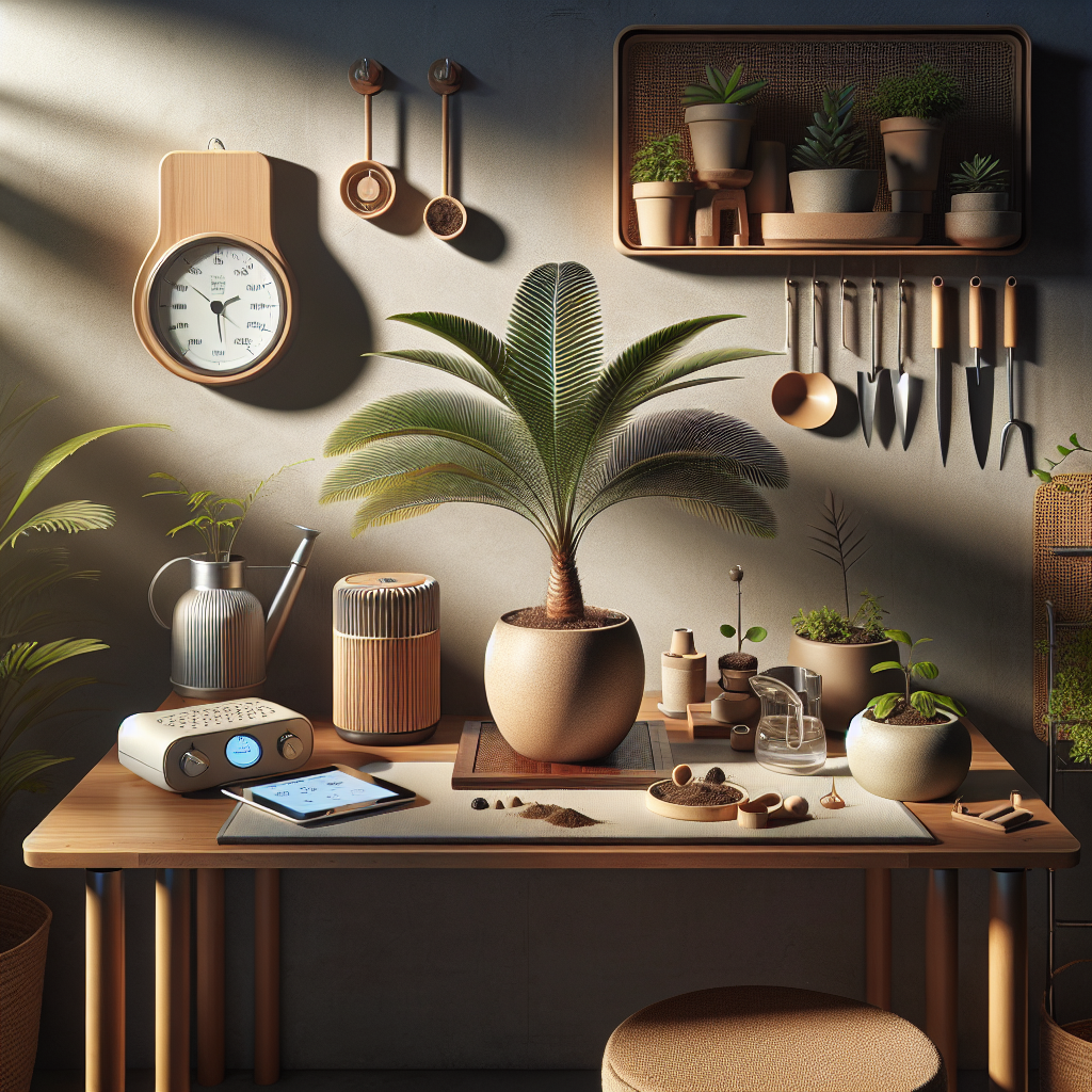 An indoor setting meticulously crafted for the successful growth and care of a Neanthe Bella Palm. It showcases the small and elegant palm situated on a minimalist, clean, and warm-toned wooden table. The environment is harmoniously filled with an array of humidity-regulating items such as a hygrometer, a humidifier, and a small watering can. Flanking the plant on the other side are typical care tools like a pair of garden gloves, pruning shears, and a bag of soil. Illuminating the scene is soft light coming from a nearby window, capable of providing indirect sun exposure, perfect for the palm's nurturance.