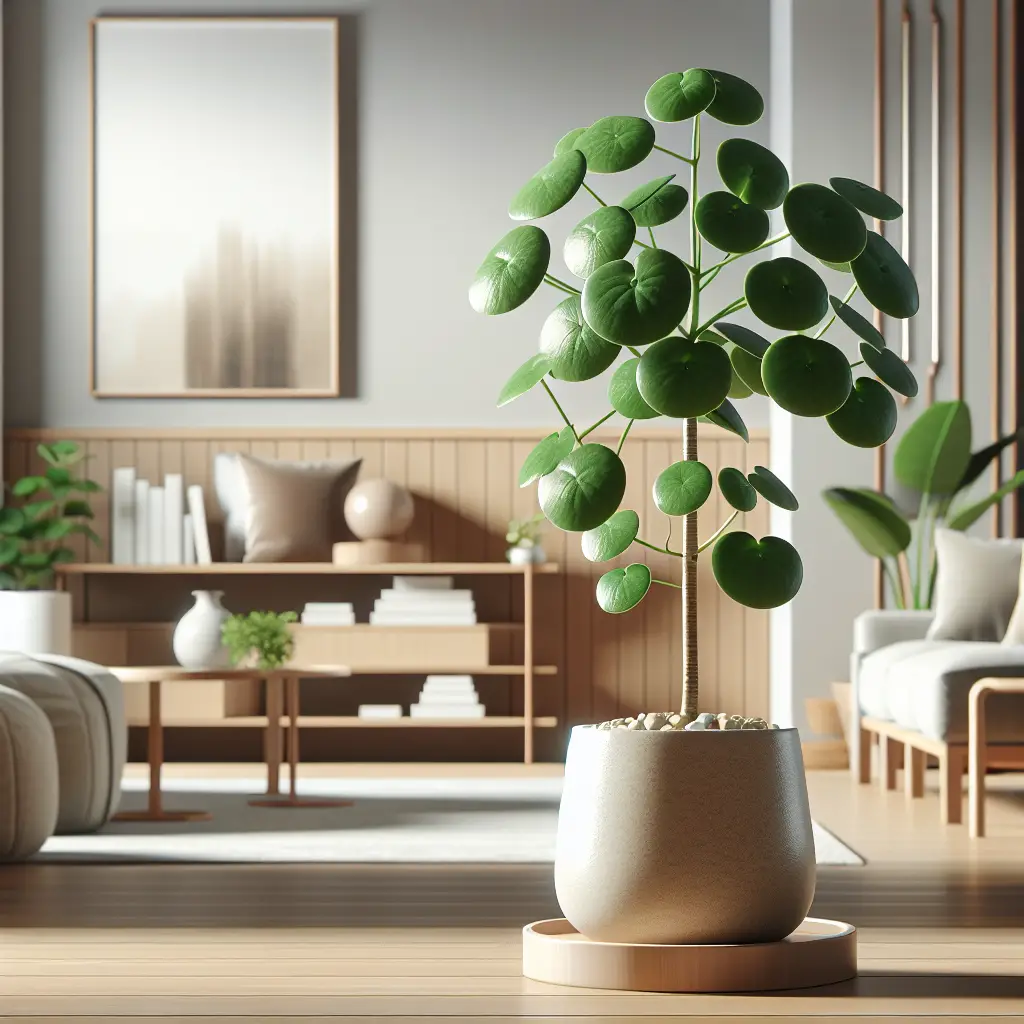 An illustrative image showing the setup of a growing Chinese Money Plant indoors. It should have a healthy, lush green appearance, with round, pancake-shaped leaves. This image depicts the plant potted in an attractive, neutral-colored ceramic pot that sits on a modern, simple-designed plant stand. The background of the image features well-lit, tastefully decorated indoor home scenery with neutral colors, devoid of any people. Amidst the scenery, there aren't any brand names or logos visible, ensuring the focus remains on the plant and its appeal as a symbol of good luck.