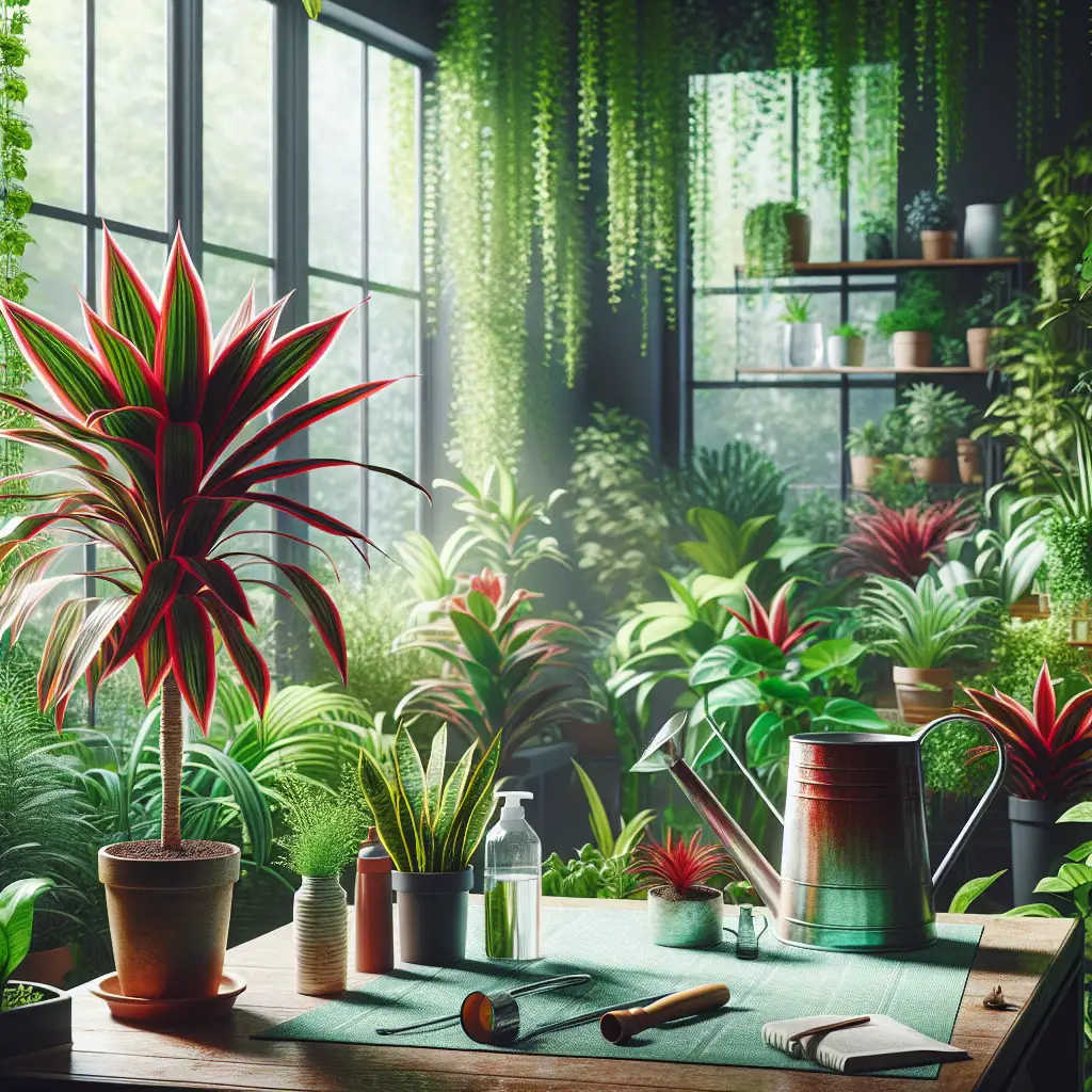A lush and verdant indoor garden setting, filled with a variety of houseplants. The focus, however, is on a Red-Edged Dracaena. It's a tall and gorgeous plant, its leaves tipped with bright red, contrasting with the deep green of the rest of its foliage. It's positioned near a large, well-lit window, signifying it gets plenty of indirect sunlight. There is a watering can on the nearby table, along with a bottle of plant food, implying the care it receives. None of the items or surroundings bear any brand names, logos, or any text.