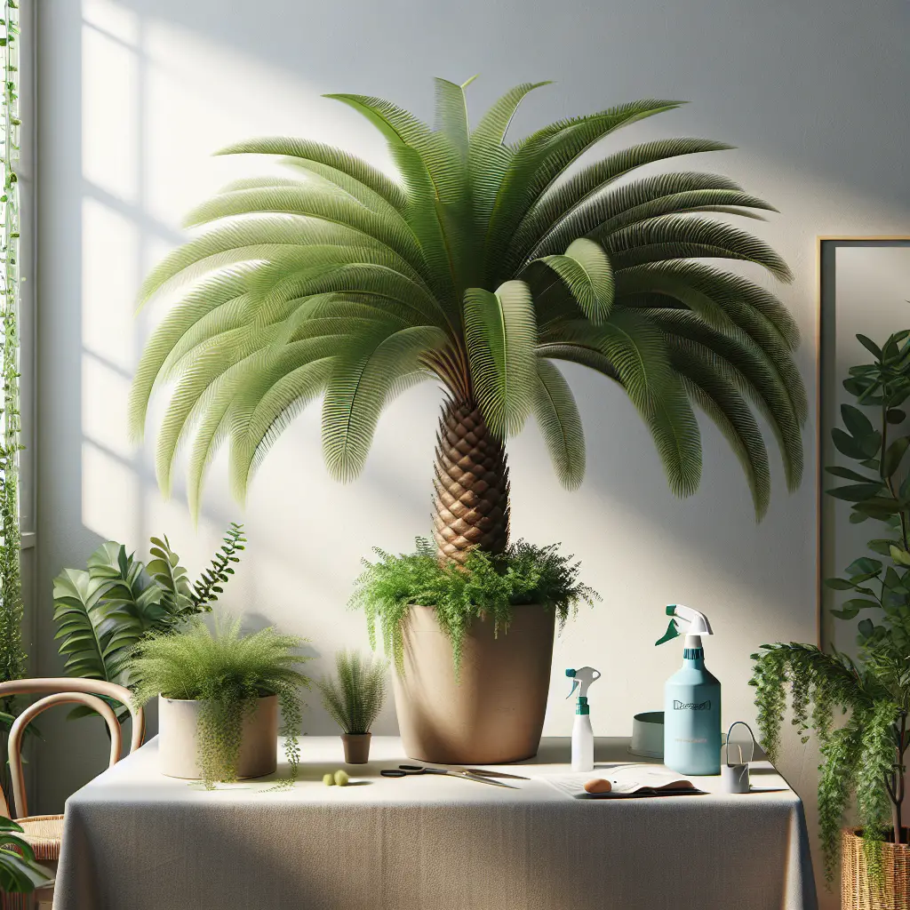 An indoor setting showcasing a healthy date palm plant. The plant is tall, with long, feathery leaves of deep green color cascading down from its top. It's placed in a generic, unbranded clay pot. A small water spray bottle and generic pruning shear rest on a table next to it, indicating the care required for the plant. Other indoor-friendly plants like ferns and trailing ivy bring a lush feel to the space, but the date palm is the star of the scene. Ample sunlight floods the room from a large window nearby, casting vibrant light and shadow patterns.
