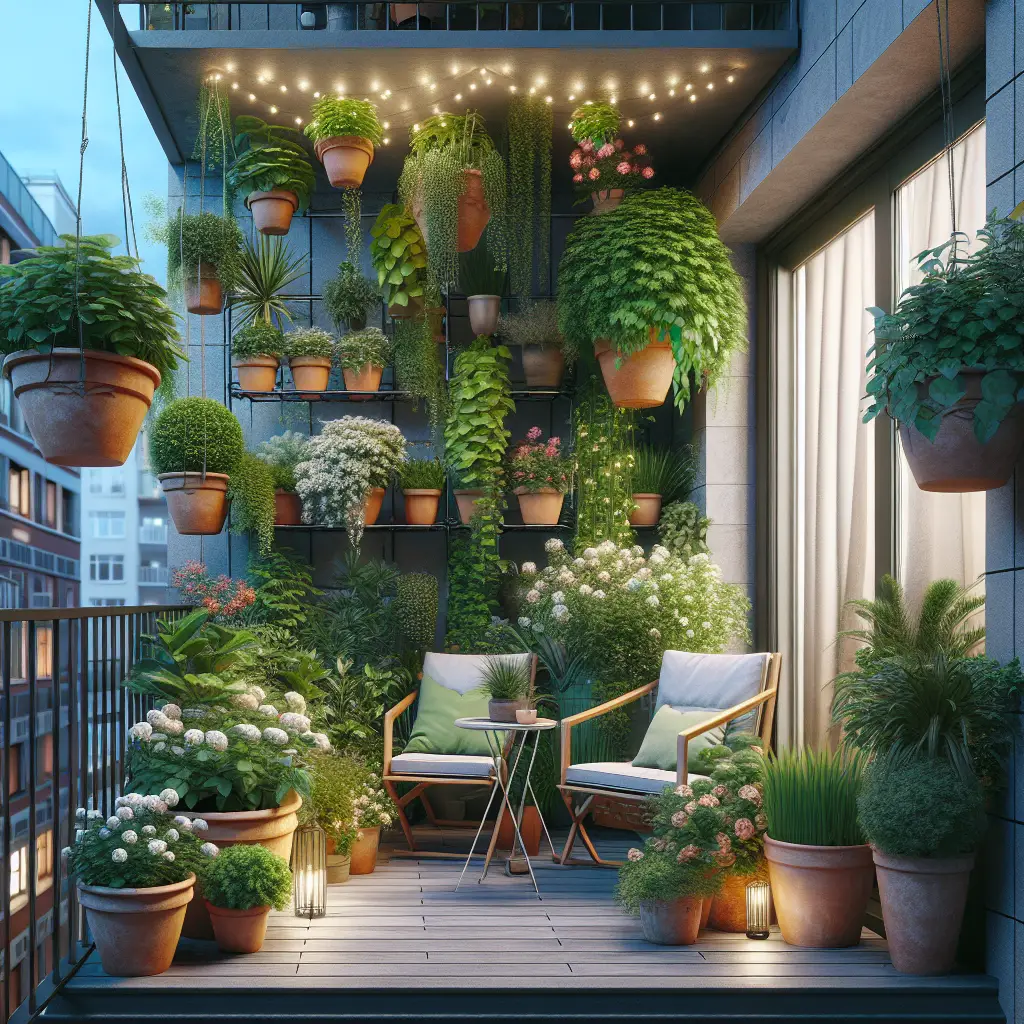 An image showcasing a simple yet beautiful transformation of a city apartment balcony into a lush green retreat. The balcony is filled with a variety of potted plants in various sizes; some are flowering, others are verdant foliage. Terracotta pots and hanging baskets create multi-level greenery. A couple of comfortable chairs are placed amidst the greenery, beckoning for a moment of relaxation. As night falls, the area is softly lit by fairy lights intertwined among the plants. No text, brands, logos, or people appear in the image.