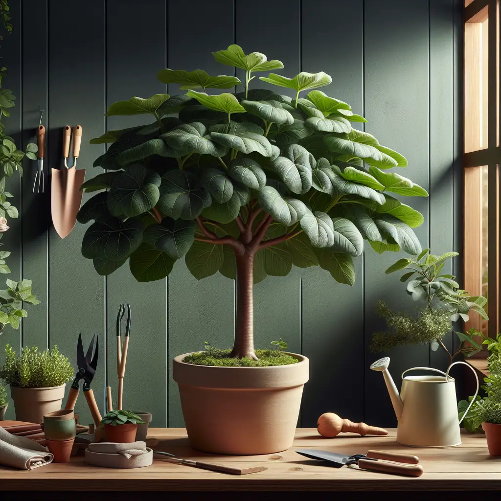 An indoor horticulture scene showing a lush and healthy fig tree thriving in a beige ceramic pot. The fig tree is depicted with deep-green, shiny, broad leaves and a sturdy trunk. The scene is well lit, probably indicating the importance of ample light for its growth. Adjacent to the tree, there are vital gardening tools such as a small trowel, a pair of gardening shears and the watering can resting on the wooden table. The backdrop includes a window, allowing sunlight in, adding to the vitality of the set-up. No people or brands are visible.