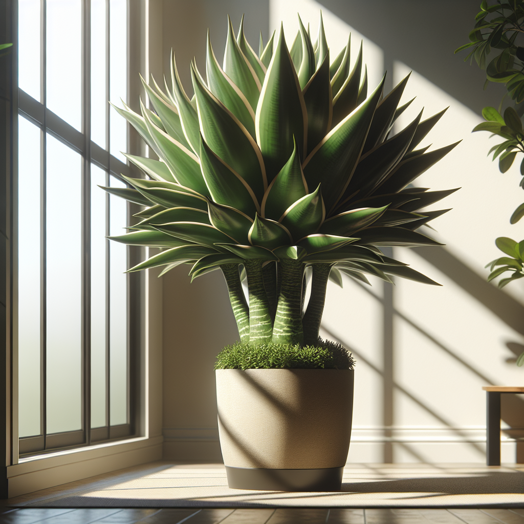 A well cared for Dragon Tree 'Compacta' situated indoors. This dragon tree variety is characterized by its compact, bushy appearance with thick, sword-like leaves that are lush green and glossy. The pot of the plant speaks to the care given, showing top-notch cleanliness and signs of regular feeding. The sunlight filters in through a large window, providing a peaceful and calm atmosphere. There are no people in the view, just the Dragon Tree 'Compacta' in its tranquil setting, absorbing sunlight, devoid of any a text or brand names.