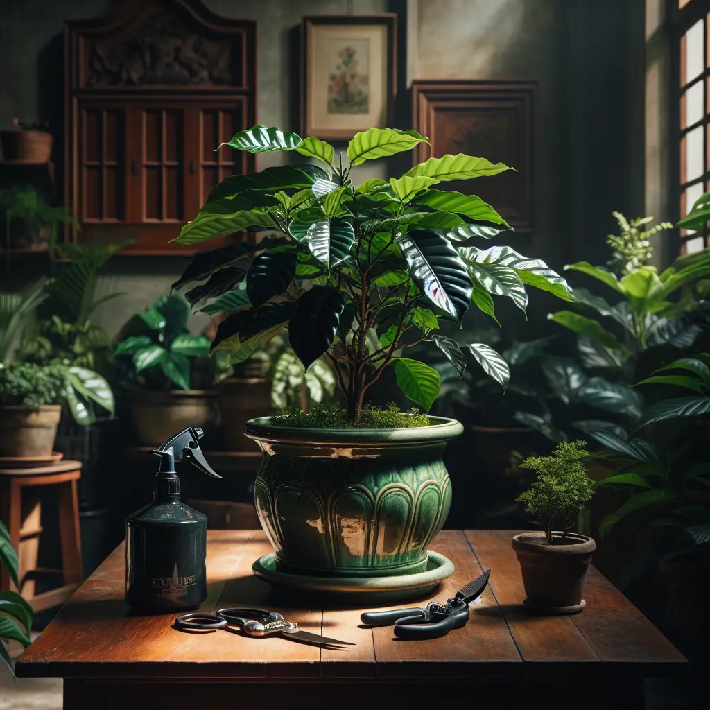 An indoor setting that's rich with greenery. Centered in the image, a thriving coffee plant is growing in a beautiful ceramic pot. Its glossy, dark green leaves glisten in the dappled sunlight that filters in through a nearby window. On one side of the pot, there's a hand-held pruning shear and, on the other side, a spray bottle. They both sit on a wooden table that's stained a rich, deep brown. In the background, other potted plants can be seen, adding to the image's lush atmosphere. The ceramic pot, spray bottle, and pruning shears are not labeled with any brand names or logos.