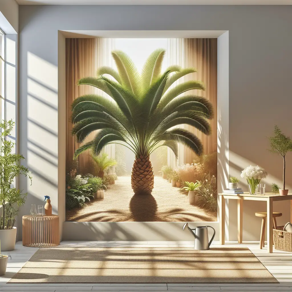 Visualize an indoor setting showcasing a beautiful Canary Island Date Palm. The palms' large green leaves are healthy and extend upwards, indicating proper care. The setting brings out the warmth and tropical essence with a sunny window, allowing natural light to enter and nurture the palm. Nearby, there's a water can and some gardening tools used for its care. Keep the room decor minimal but visually appealing. Avoid including any people, brand logos, or text in the image.