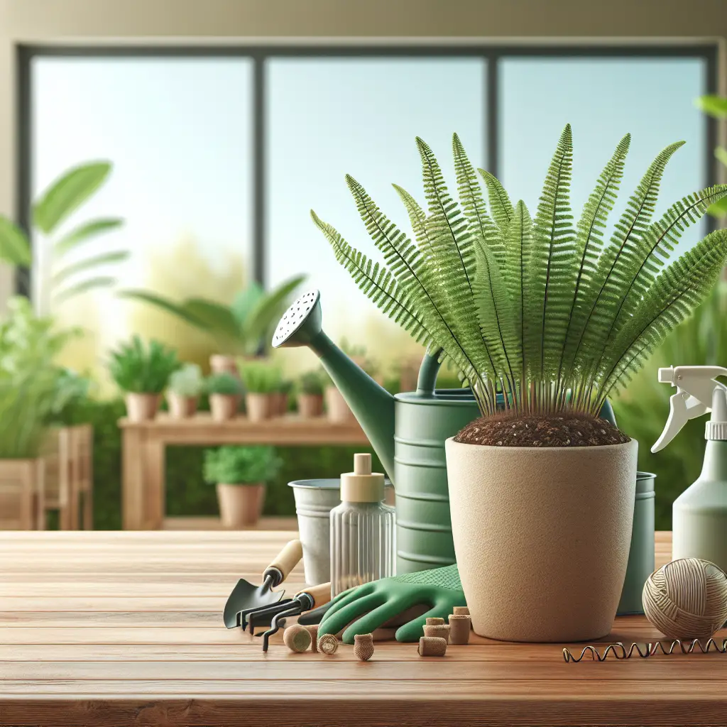A detailed representation of an indoor gardening environment focusing on the unique Button Fern plant. The image should display the Button Fern prominently, in a nondescript pot on a wooden table. Around the plant, there should be unbranded gardening tools such as a watering can, spray bottle, and gardening gloves. Ensure that all items in the image are void of any text and logos. The scene should show a well-lit room with a large window revealing natural daylight filtering in. Indicate the healthy growth of the plant by the lush green leaves of the Button Fern.