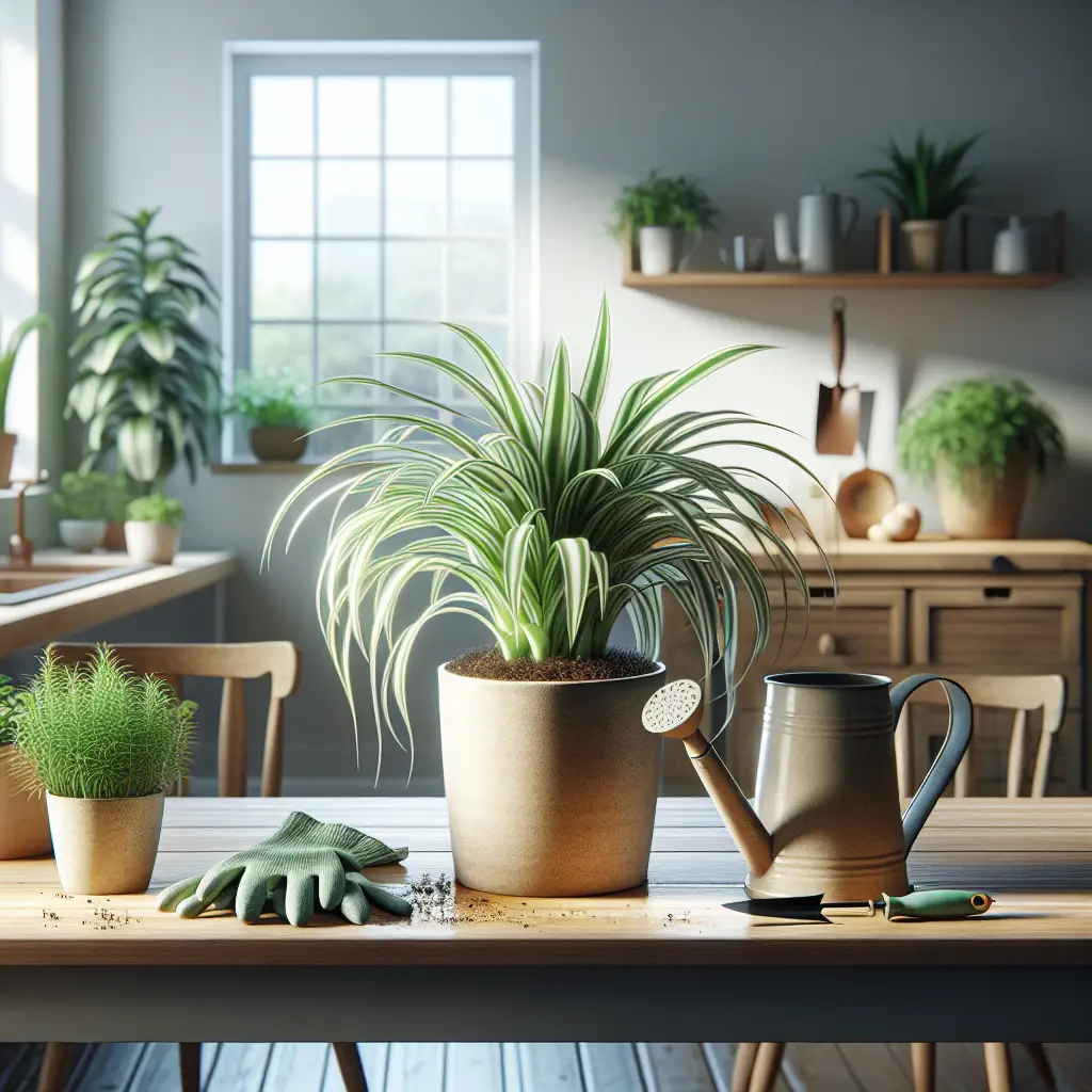 A visual representation of a gardening guide. Focus on a lush, mature Spider Plant 'Bonnie' thriving in a pleasing indoor setting. Show the plant in a generic ceramic pot situated on a wooden table. The room has minimal furnishings with a lot of sunlight. Illustrate the care details subtly: a watering can beside the plant, showing moisture on the soil; a pair of gardening gloves and a small pruning tool on the table. Ambient light filtering through an open window depicts a healthy growth environment. No text, brand names or people are to be included in the image.