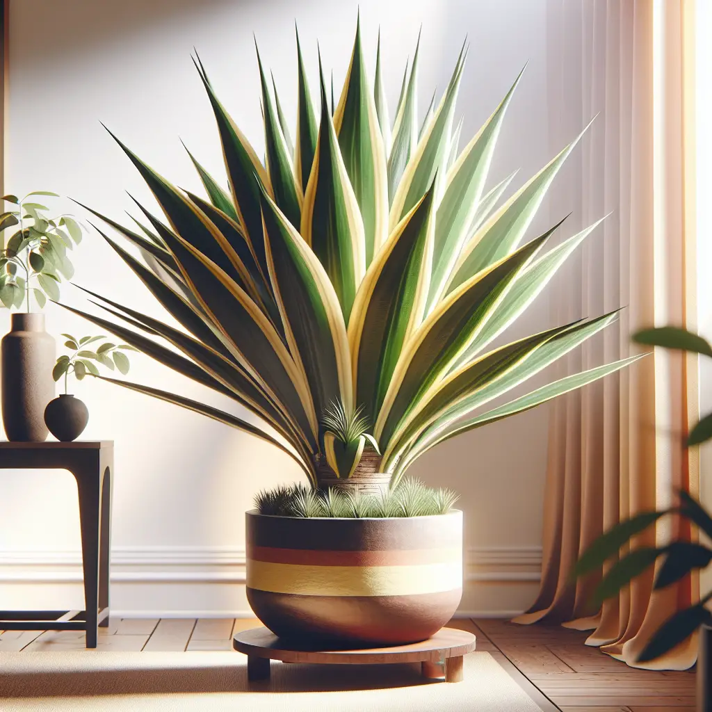 Illustrate an elaborate, healthy Yucca 'Color Guard' plant thriving indoors. Its leaves, known for their character, are a rich green with vivid yellow stripes down the center. This makes the plant noticeable and adds a pop of color to the overall scene. The plant is settled in a classic terra-cotta pot, perched on a wooden stand. The surrounding décor contributes to an overall clean, minimalist aesthetic, with one or two contemporary vases in the background. Soft light filters from a nearby window, contributing to the warm ambiance. Please ensure that no humans, text or brand logos are seen in this image.