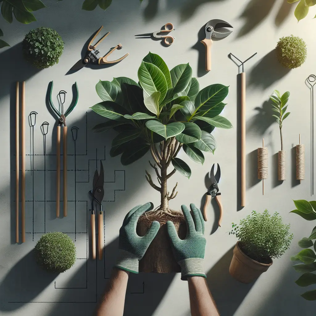 An image depicting several different gardening techniques being used to shape a Philodendron plant. Visible tools include pruning shears, a plant stake, and plant ties. The plant shows a uniform appearance, with evenly spaced leaves and well-pruned stem. The atmosphere is peaceful and full of greenery, natural sunlight illuminates the scene, casting soft shadows. All items in the image are generic, without any form of text, labels, logos or brand names. This serene image exudes a feeling of tranquility, and the dedication for plant care.