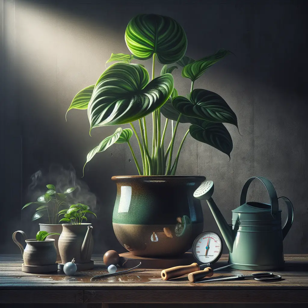 A striking image that encapsulates a Philodendron plant in a glossy ceramic pot, sitting on a rustic wooden table. Surrounding the pot, practical tools for watering plants, such as a softly shaded watering can and a moist meter, suggest the focus on finding a perfect watering schedule. The atmosphere is heightened by the glow of a nearby window, its light illuminating the leafy plant and casting soft shadows. It's a serene, indoor environment that perfectly encapsulates the concept of regular care and precision in the schedule without showing any text, brands, people, or logos.