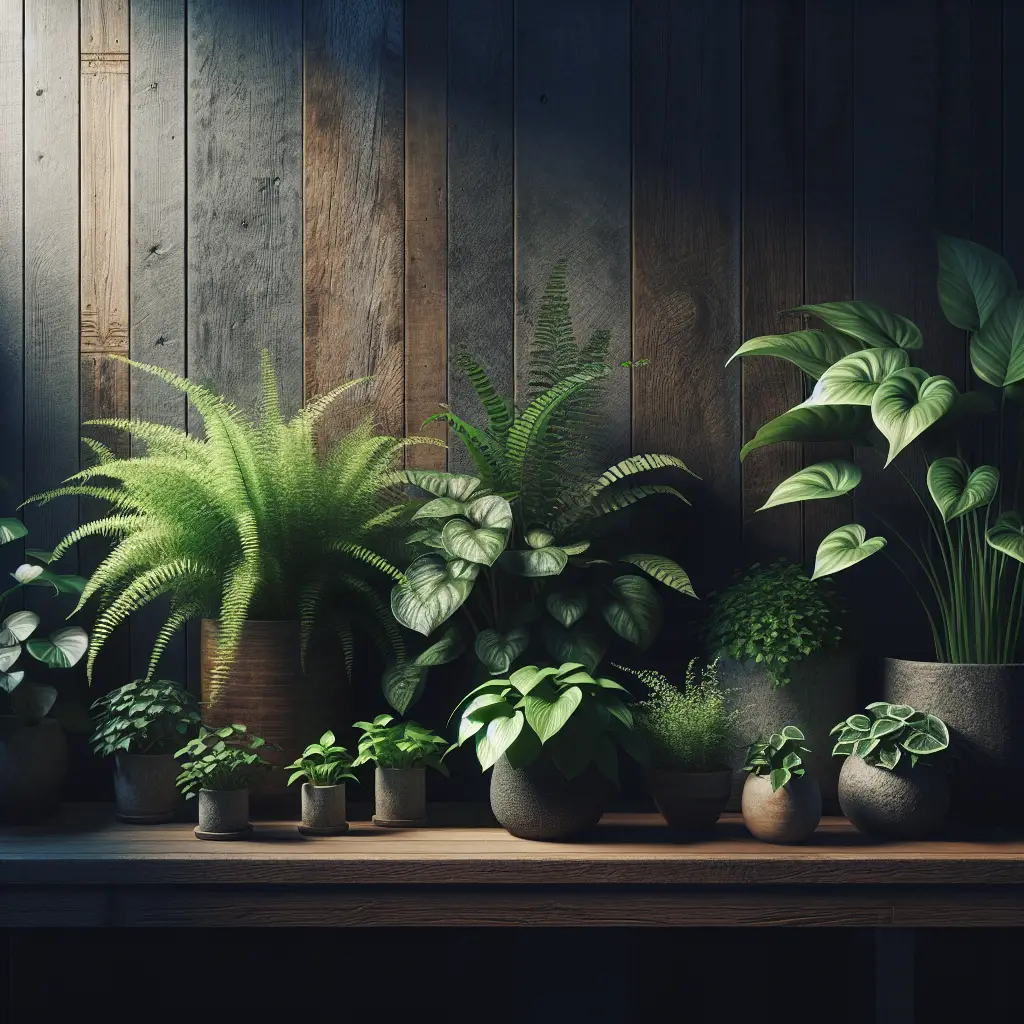A serene indoor setting featuring a variety of plants suitable for low light conditions. Imagine dark green, verdant ferns, pothos with its heart-shaped leaves, and ZZ plants with their waxy, emerald leaves. All of these are arranged in an aesthetically pleasing manner, perhaps on a rustic wooden shelf, with a bit of dim, ambient lighting filtering through a nearby window or casting soft shadows around. In the background, an unbranded, rustic, wooden wall adds a touch of warmth to this botanical haven. The image gives an overall sense of tranquility and echoes the life and vibrancy that plants can bring in darker settings.