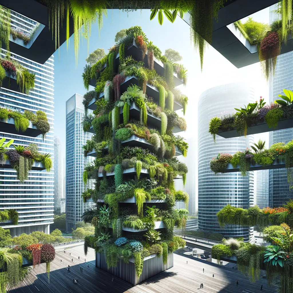 An urban scene depicting the essence of vertical gardening. Skyscrapers frame the scene, their concrete and glass surfaces softened by lush greenery taking the form of vertical gardens. Multiple levels of vibrant, healthy plants cascade down in an organized fashion, showcasing a variety of species - ferns, herbs, flowers, vegetables, and more. The gardens breathe life into the urban setting, demonstrating how these innovative growing techniques can transform even the most densely packed city spaces into pockets of nature. Bright sunlight filters through the foliage, casting dynamic shadows on the cityscape below. Everything is void of text and people, accentuating the calming presence of nature in an urban jungle.