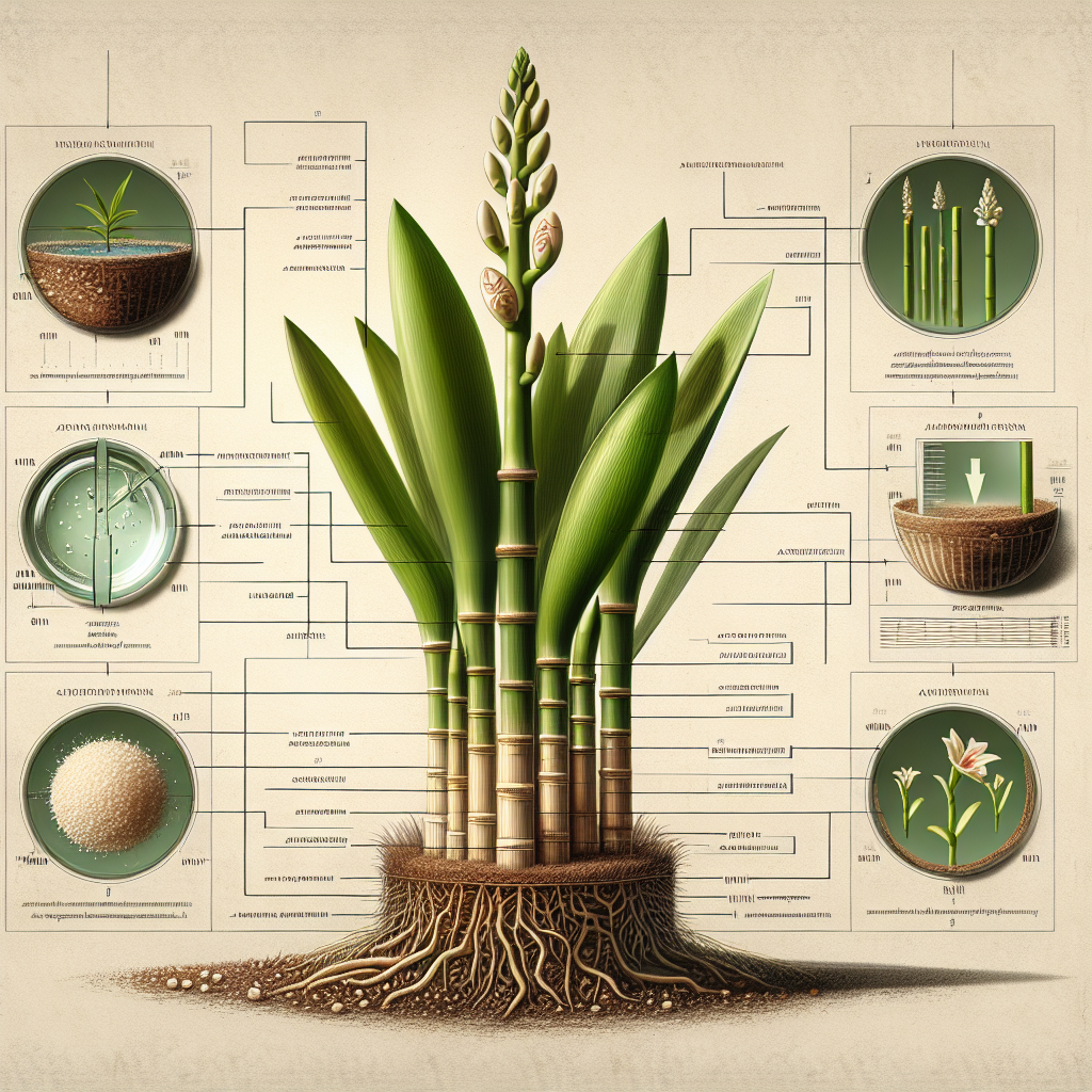 An informative visual representation of Dracaena Fragrans plant's growth process focusing on the stalks and shoots. The image will visualize the detailed growth stages of Dracaena Fragrans from the germination phase to a fully grown plant. The main emphasis is on the development of the plant’s stalks and shoots. As per the request, the image will not include people, texts, or any brand names. Various elements related to the growth of this plant, like soil, sunlight, and water, are subtly understood. The overall depiction should be illustrative, realistic and adhere to scientific documentation.