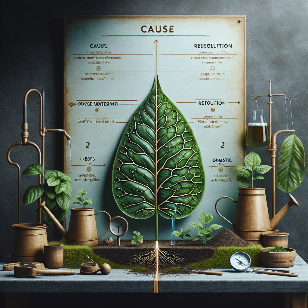 An image showcasing the subject of plant care, focusing specifically on horizontal cracks on leaf surfaces. The scene has two sections, cause and resolution. The cause part depicts a leaf with distinct horizontal cracks, with visual manifestations of over watering and nutrient deficiency. The resolution section contains tools for plant care like a watering can with controlled flow, a hygrometer, and an organic nutrient mix. Note that no text, brand names, or people are present in the image. The atmosphere is calm and soothing, making it a perfect fit for an article about plant care. Display the varying stages from healthy leaf to cracked leaf for a visual flow.