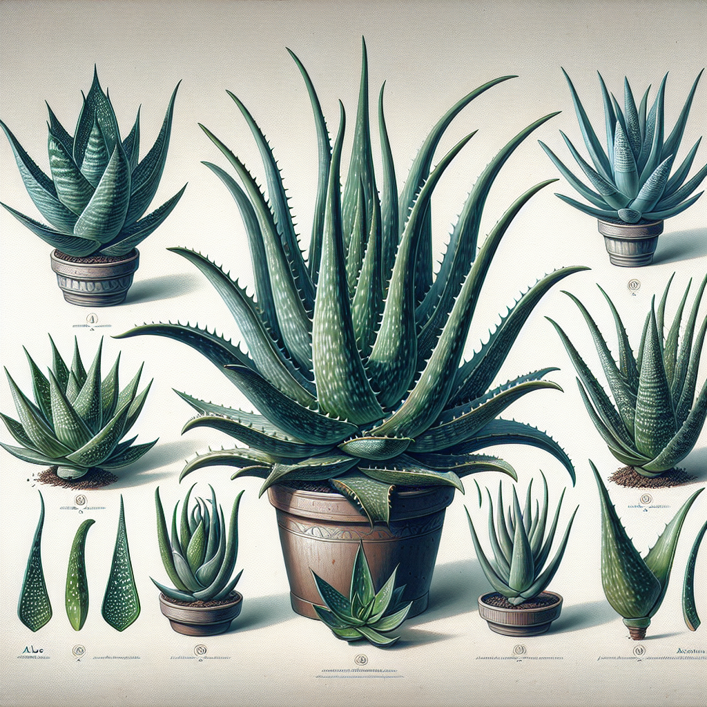 An educational array of various Aloe plant species, each distinctly unique. The first plant has long spiky leaves with a rich green hue. The second is smaller with a slight bluish tint and white spots sprinkled across its leaves. The third aloe variant showcases short, stout, spiraling leaves, color-gradates from pale green at the center to a darker green at the leaf tips. A fourth variant comprises a cluster of elongated and mildly curved leaves with sharp edges. Displayed against a neutral background, the image illustrates proper care methods, with the plants in healthy states, sitting in well-draining soil and under appropriate lighting conditions.