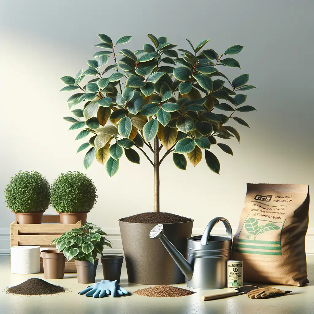 An indoor scene depicting a ficus tree with signs of stress from hypothetical pet accidents - leaves may have some yellowing and the pot's soil might look disrupted. Lying next to the tree are several generic items essential for its recovery: a unbranded watering can, a bag of soil, non-branded fertilizer, and gloves. The atmosphere is calm and bright, emphasizing the hopefulness and possibility of the tree's recovery. There is no text, brand names, people or logos in the image.
