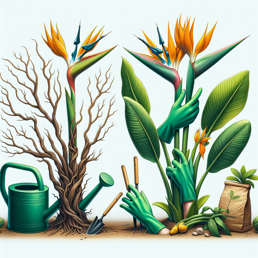A visual representation of a neglected Bird of Paradise plant being revived. The plant is seen parched and wilted on the left side of the image and healthy, flourishing with vibrant orange blooms on the right. In the middle, expressive hands, wearing green horticultural gloves, are seen tenderly caring for the plant. There are basic gardening tools like a watering can, pruning shears, and a bag of organic fertilizer scattered around, but they bear no text or brand markings.