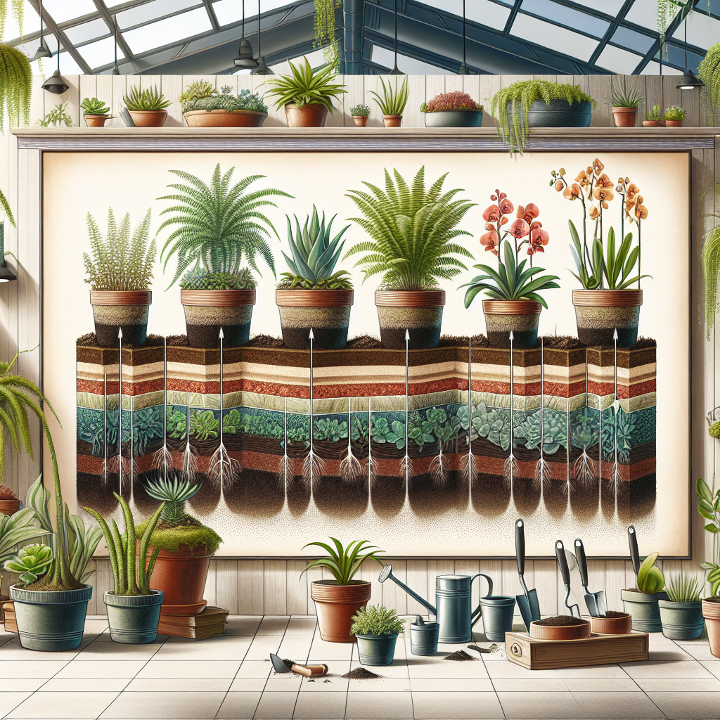 A detailed illustration of a variety of indoor plants thriving in different types of soil. The picture shows a cross-section of several pots, demonstrating the soil layers beneath the surface. Each pot contains a distinct type of plant, like ferns, succulents, and orchids, all flourishing in soils of varying texture and composition. In another part of the image, there's a display of soil-related equipment like trowels, a watering can and a moisture meter, all unbranded. The backdrop is a serene indoor setting, dappled with sunlight, without any human presence or any visible text.