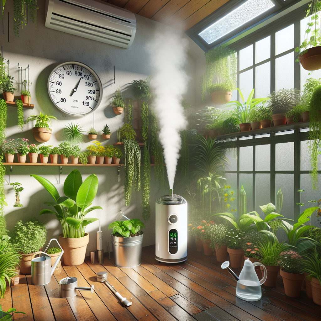 An indoor garden scene, rich with lush greenery from a wide variety of plants. The space seems well-regulated, with a hygrometer mounted on the wall showing optimal humidity levels. A vaporizer operates in a corner, emitting streams of moisture into the well-lit space, while an adjustable vent provides the right amount of air circulation. Neither the vaporizer nor the hygrometer bear any branding or text. A watering can and a bucket for collecting extra water lie nearby. The room also shows signs of sunlight filtering through a window, reinforcing the ideal conditions.