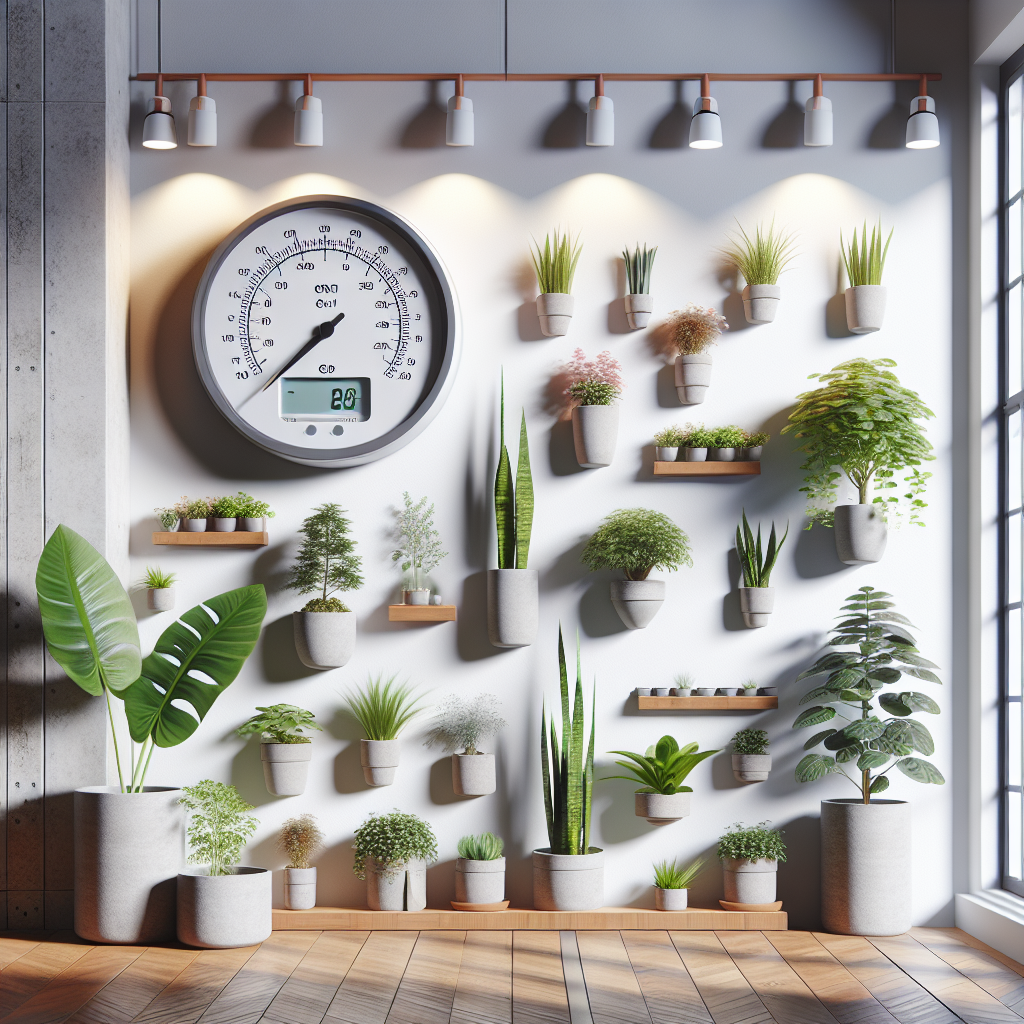 A detailed interior scene featuring an array of different plants in modern pots distributed across a white wall fitted with specially designed lighting systems. The scene also includes a lux meter placed strategically near the plants, demonstrating different levels of light intensity across the room. To emphasize the light, slightly adjust the brightness near the light sources, showing changes in illumination. No persons, text, or brand logos are included in this design.