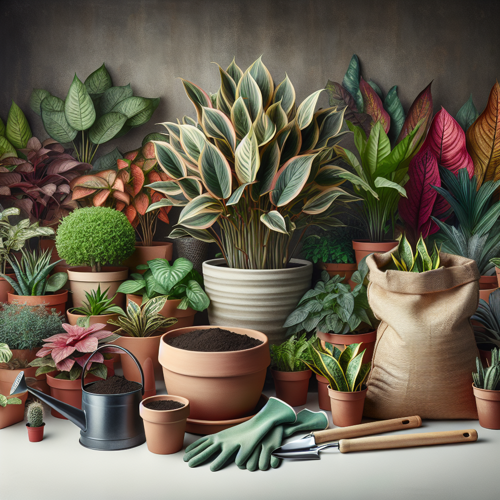 An extensive arrangement of vibrant houseplants, some with drooping leaves indicating a need for repotting. In the foreground, a ceramic pot and a bag of soil are present. On one side, a pair of clean, shiny gardening gloves and a stainless-steel gardening trowel lie neatly. On the other side, a healthy plant stands tall in a freshly repotted container, demonstrating the delightful result of the repotting process. All items and environments are devoid of any form of text or identifiable brand signatures.
