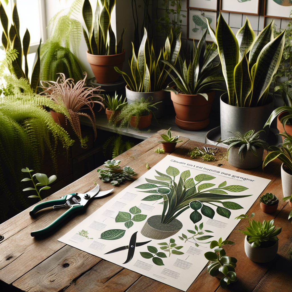 An indoor garden setting with an array of well-nourished plants varying from snake plants, ferns to succulents. In the foreground, a pair of stainless steel pruning shears rests on a wooden table next to a small pile of pruned leaves. To the side of the table, an illustrated infographic lays out without text, visually demonstrating the correct angles on an abstract plant for optimal pruning. The entire scene is bathed in a soft natural light from an unseen window, promoting a sense of tranquility and growth without the presence of humans.