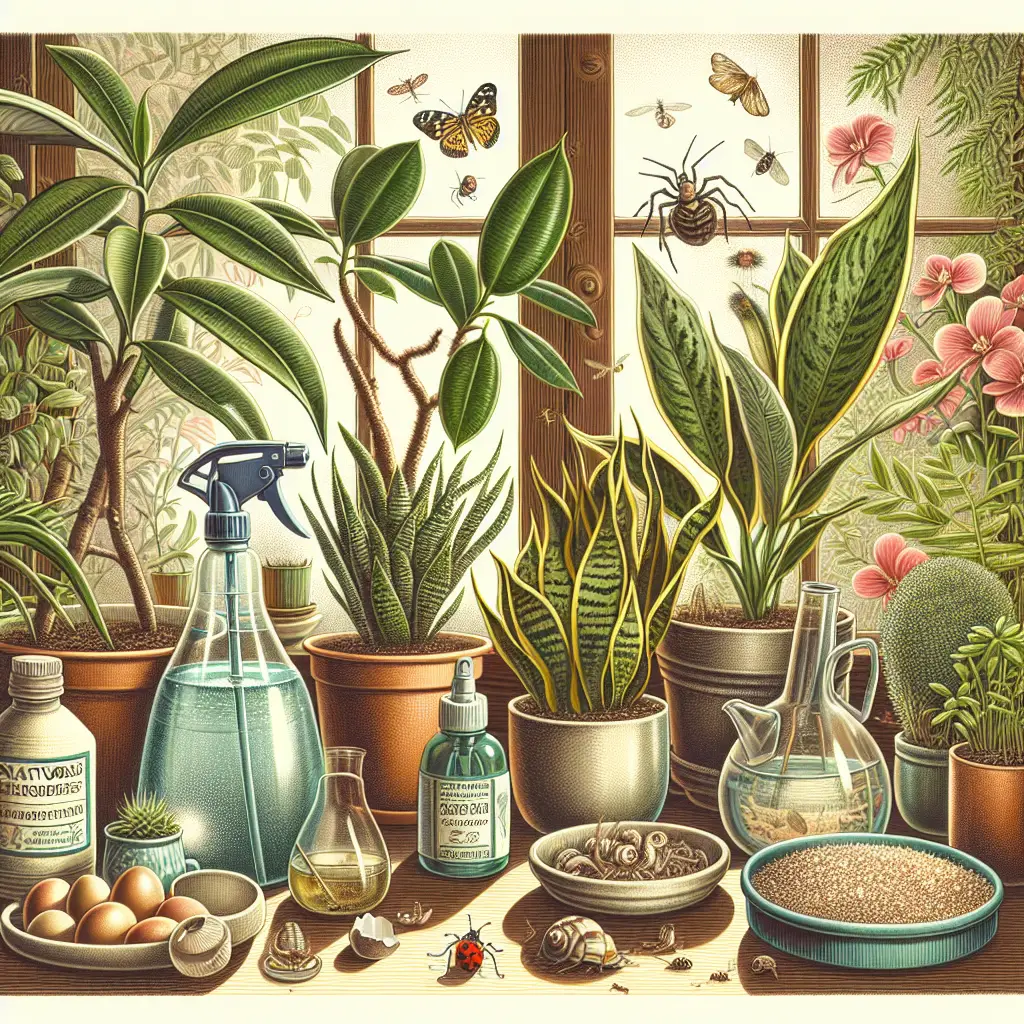 A richly detailed illustration showing a variety of indoor houseplants, such as a rubber plant, snake plant, and fiddle leaf fig, thriving in a warm indoor environment. In the foreground, various natural remedies like a spray bottle filled with water and a small dish of crushed eggshells are depicted, indicating their use to deter pests. For emphasis on natural pest management, a few harmless insects like a ladybug and a spider should be shown consuming pests on the plants.