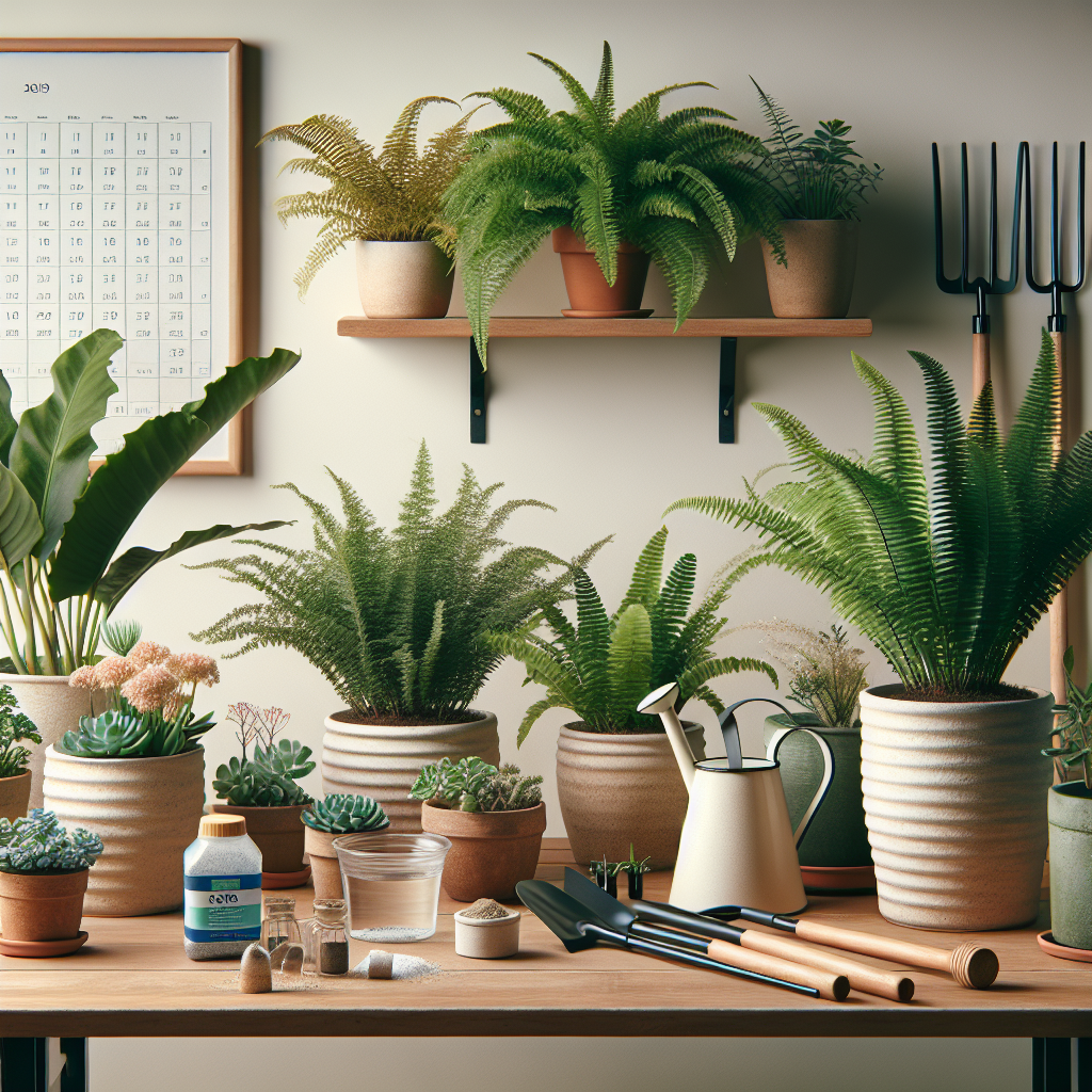 An indoor gardening scene with a variety of lush domestic plants like ferns, succulents, and flowering plants in ceramic pots. There's a glass watering can placed on a wooden table, next to a container filled with plant fertilizer. A set of garden tools including a spade, rake, and pruning shears are laid out nearby. A calendar is posted on the wall to signify a fertilization routine. All items are devoid of any text, brand names or logos, adhering to a minimalistic aesthetic style.