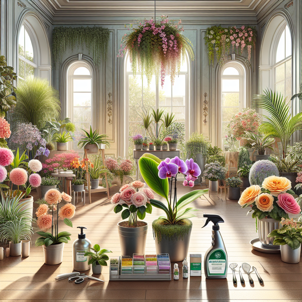 An illustrative image for an article about encouraging blooming indoor flowering plants. The scene focuses on a variety of lush, colorful indoor flowering plants, including roses, orchids and African violets. These plants are placed across various locations within an elegantly designed interior setting, under soft, sun-like indoor lighting. Also, a range of plant care supplies are visible: an unbranded spray bottle for misting, a set of stainless steel plant care tools, and a slow-release plant fertilizer. No brand names, logos, people or text are present in the image.