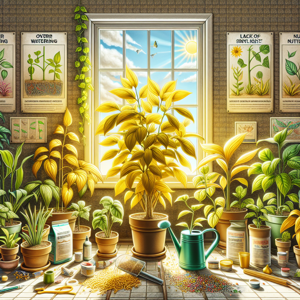 Visualize a detailed and vibrant scene of indoor houseplants displaying various states of yellowing leaves due to different causes like overwatering, under watering, lack of sunlight, disease, and nutrient deficiency. They should vary in levels of severity from minor to major yellowing. Also, include some visual solutions such as a watering can, sunlight streaming in through a window, a trimmed plant recovering health, and a small bag of plant nutrients. Ensure everything in the scene is generic, free of text and logos.