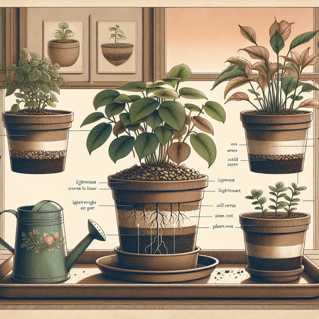 A detailed illustration showcasing an indoor gardening setting. In the center, an array of houseplants with various leaf shapes and colors are potted in generic, earth-toned container pots. These pots are sitting on a non-descriptive, ceramic tray. To the left, there's a simple, unadorned watering can filled with water. To the right, there's a visual representation of soil layers inside a cut-away view of a pot, demonstrating proper drainage layers: lightweight stones at the bottom, a mixture of soil in the middle, and plant roots at the top. A soft, warm light filters through a plain window in the background.