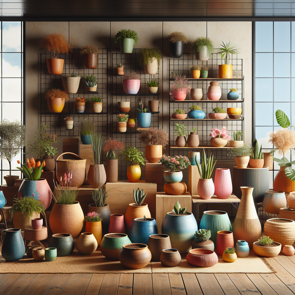 An assortment of colorful pots and planters displayed in an indoor setting. Various shapes including round, rectangular, and square are present. Sizes range from small to large, suitable for different types of indoor plants. Each pot is made from different materials, capturing materials like terra cotta, ceramic, and plastic. These pots are placed on wooden surfaces, natural coir mats, and steel stands. A large floor-to-ceiling window provides sunlight, tying the scene together with an organic touch. Pots are filled with soil but no plants, ready for gardening. There are no people, text, or brand logos present.